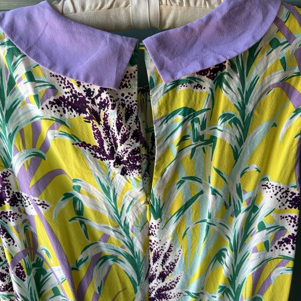 Kate Spade NY Yellow & Lilac Floral Dress‎ Women's M Silk Blend Peter Pan Collar